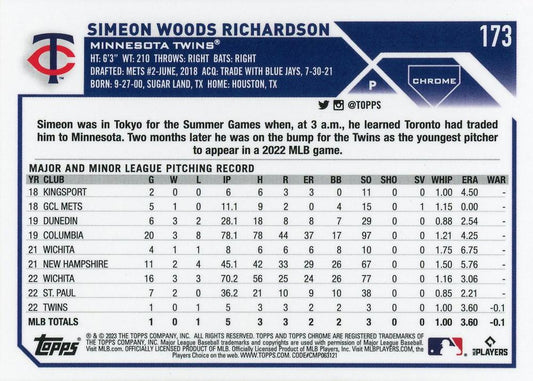 2023 Topps Chrome Simeon Woods Richardson RC #173 Minnesota Twins