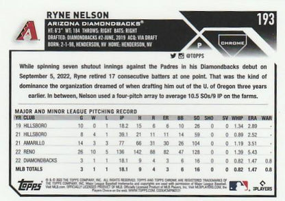 2023 Topps Chrome Ryne Nelson RC #193 Arizona Diamondbacks