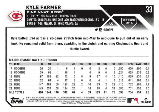 2023 Topps Gold Star Kyle Farmer #33 Cincinnati Reds