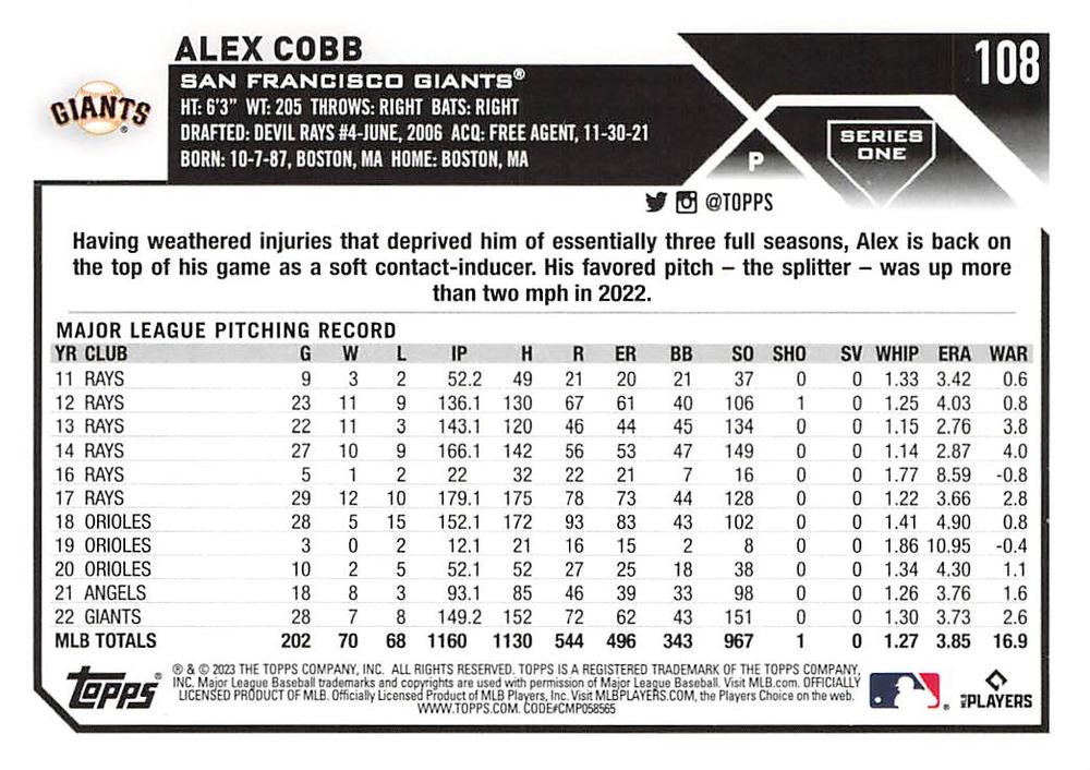 2023 Topps Gold Star Alex Cobb #108 San Francisco Giants