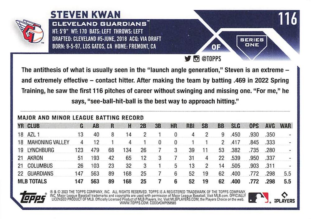 2023 Topps Gold Star Steven Kwan #116 Cleveland Guardians