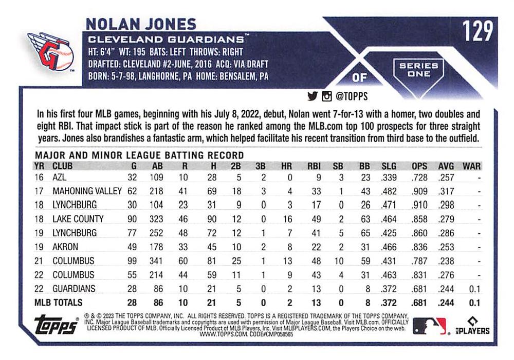 2023 Topps Gold Star Nolan Jones Rookie #129 Cleveland Guardians