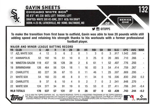 2023 Topps Gold Star Gavin Sheets #132 Chicago White Sox