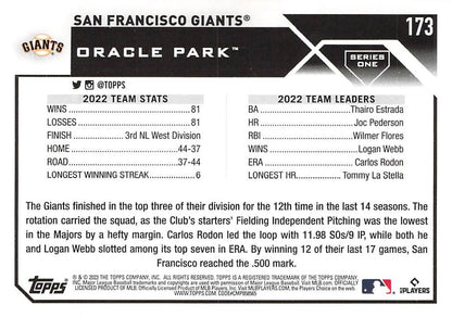 2023 Topps Gold Star San Francisco Giants Team Card #173 San Francisco Giants