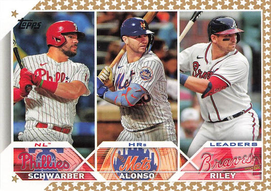 2023 Topps #178 NL HRs Leaders (Kyle Schwarber / Pete Alonso / Austin Riley) Gold Star
