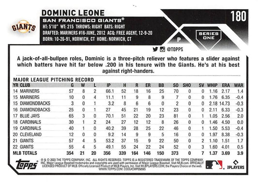 2023 Topps Gold Star Dominic Leone #180 San Francisco Giants