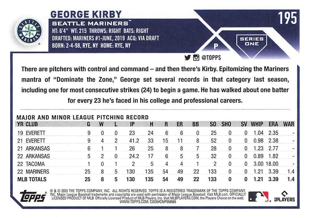 2023 Topps Gold Star George Kirby Future Stars #195 Seattle Mariners