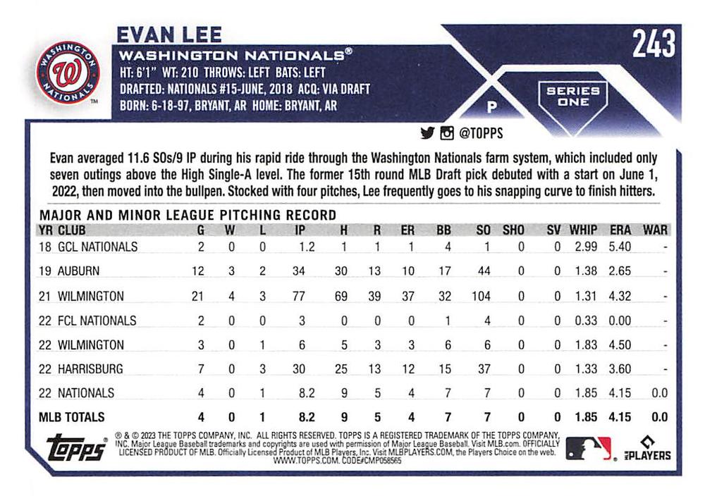 2023 Topps Gold Star Evan Lee Rookie #243 Washington Nationals