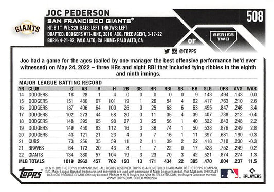 2023 Topps Gold Star Gold Star Joc Pederson #508 San Francisco Giants