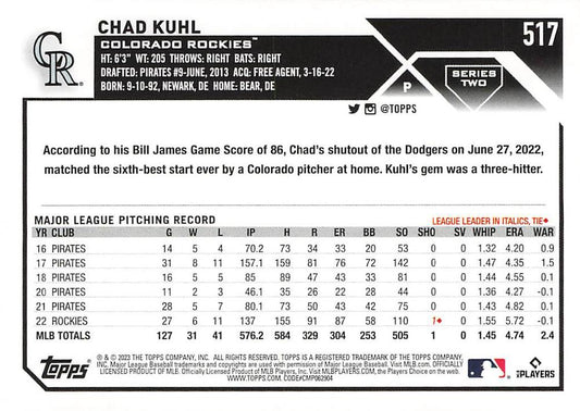 2023 Topps Gold Star Gold Star Chad Kuhl #517 Colorado Rockies
