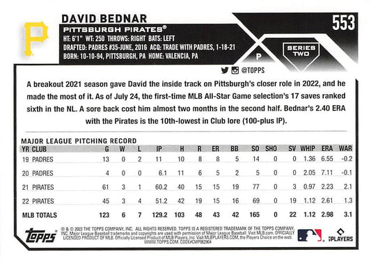 2023 Topps Gold Star Gold Star David Bednar #553 Pittsburgh Pirates