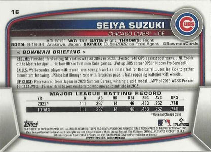2023 Bowman Chrome Seiya Suzuki #16 Chicago Cubs