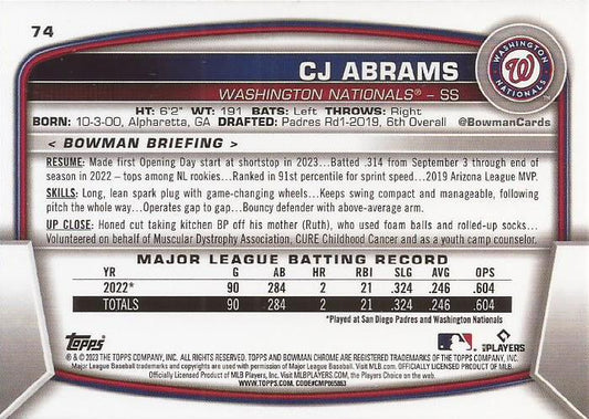 2023 Bowman Chrome CJ Abrams #74 Washington Nationals