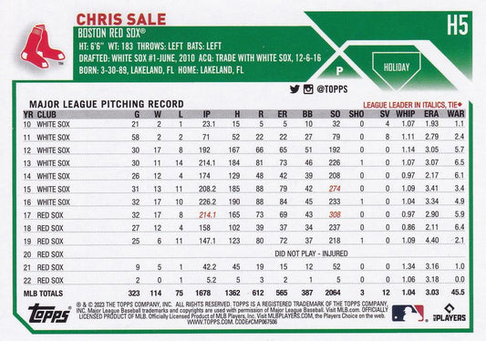 2023 Topps Holiday Chris Sale H5 Boston Red Sox