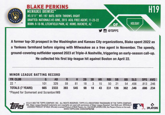2023 Topps Holiday Blake Perkins RC H19 Milwaukee Brewers