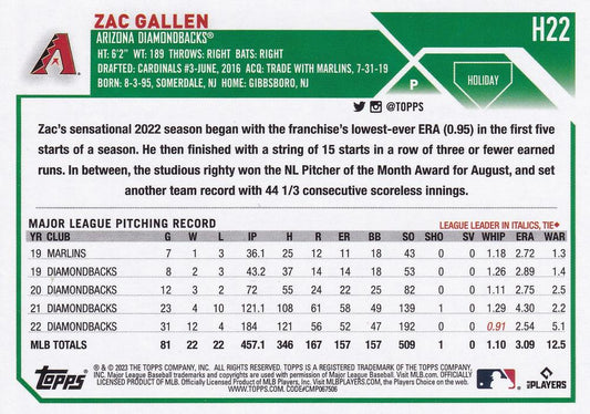 2023 Topps Holiday Zac Gallen H22 Arizona Diamondbacks