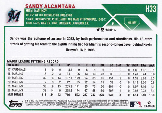 2023 Topps Holiday Sandy Alcantara H33 Miami Marlins