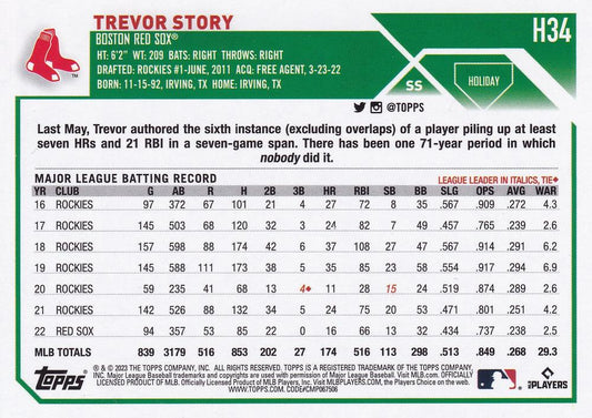 2023 Topps Holiday Trevor Story H34 Boston Red Sox
