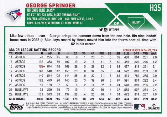 2023 Topps Holiday George Springer H35 Toronto Blue Jays