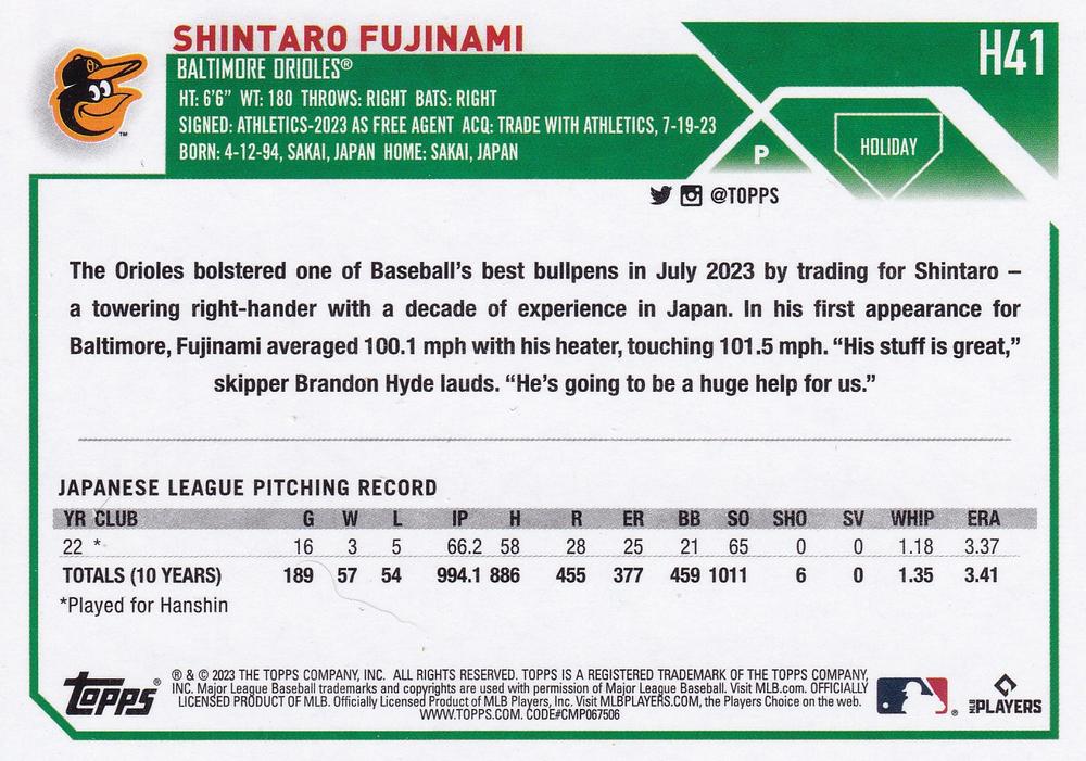 2023 Topps Holiday Shintaro Fujinami RC H41 Baltimore Orioles