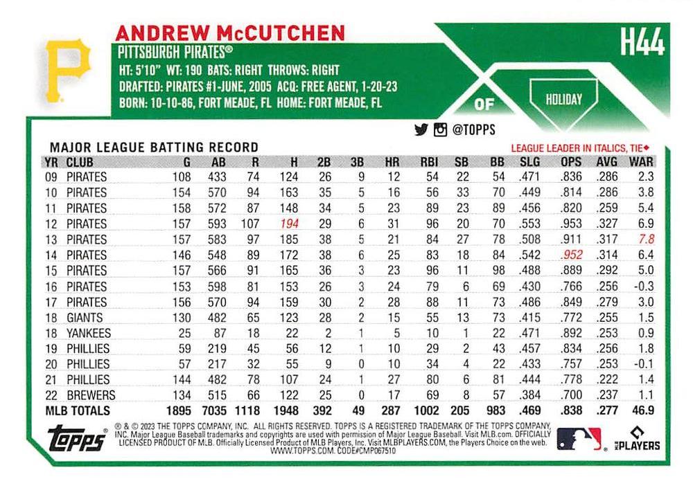 2023 Topps Holiday Andrew McCutchen H44 Pittsburgh Pirates