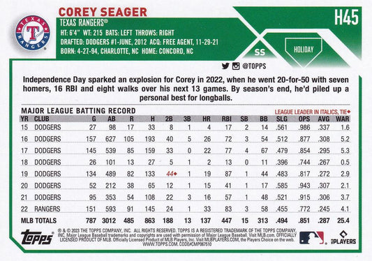 2023 Topps Holiday Corey Seager H45 Texas Rangers