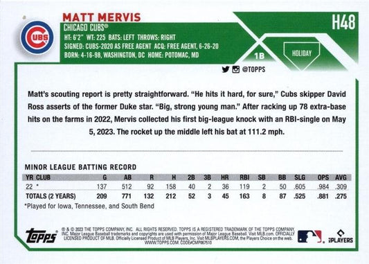 2023 Topps Holiday Matt Mervis RC H48 Chicago Cubs