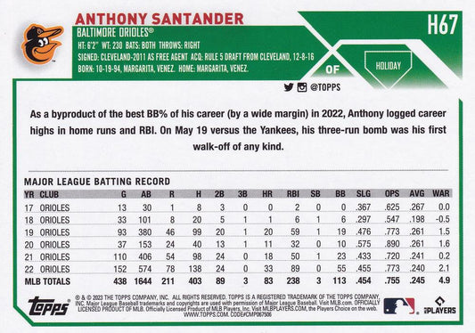 2023 Topps Holiday Anthony Santander H67 Baltimore Orioles