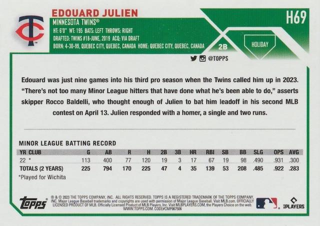 2023 Topps Holiday Edouard Julien RC H69 Minnesota Twins