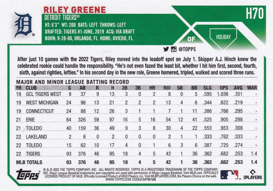 2023 Topps Holiday Riley Greene RC H70 Detroit Tigers