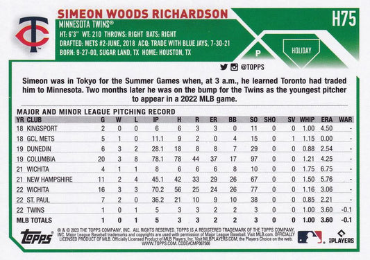 2023 Topps Holiday Simeon Woods Richardson RC H75 Minnesota Twins