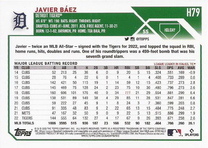 2023 Topps Holiday Javier Baez H79 Detroit Tigers