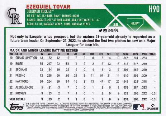 2023 Topps Holiday Ezequiel Tovar RC H90 Colorado Rockies