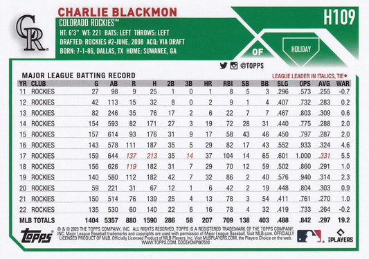 2023 Topps Holiday Charlie Blackmon  H109 Colorado Rockies