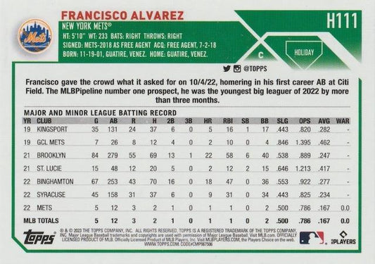 2023 Topps Holiday Francisco Alvarez RC H111 New York Mets