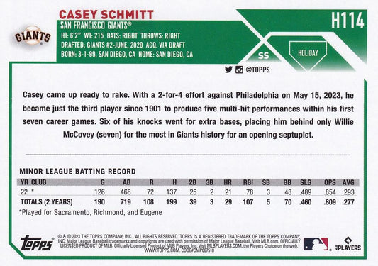 2023 Topps Holiday Casey Schmitt RC H114 San Francisco Giants