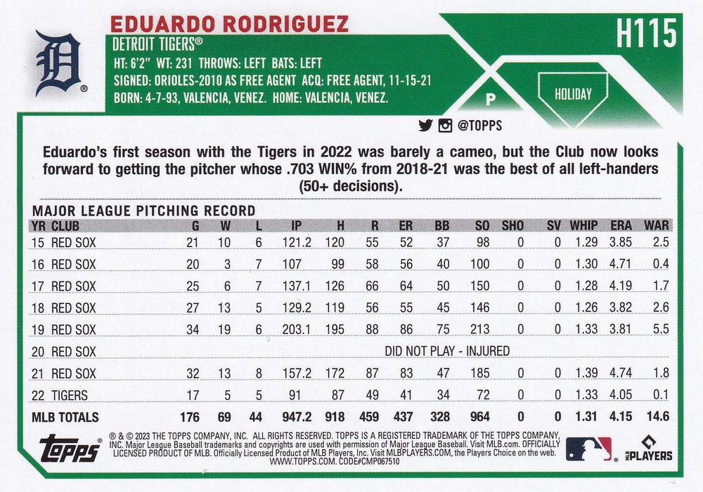 2023 Topps Holiday Eduardo Rodriguez  H115 Detroit Tigers