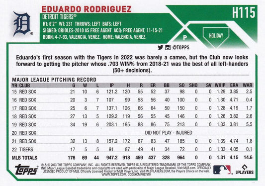 2023 Topps Holiday Eduardo Rodriguez  H115 Detroit Tigers
