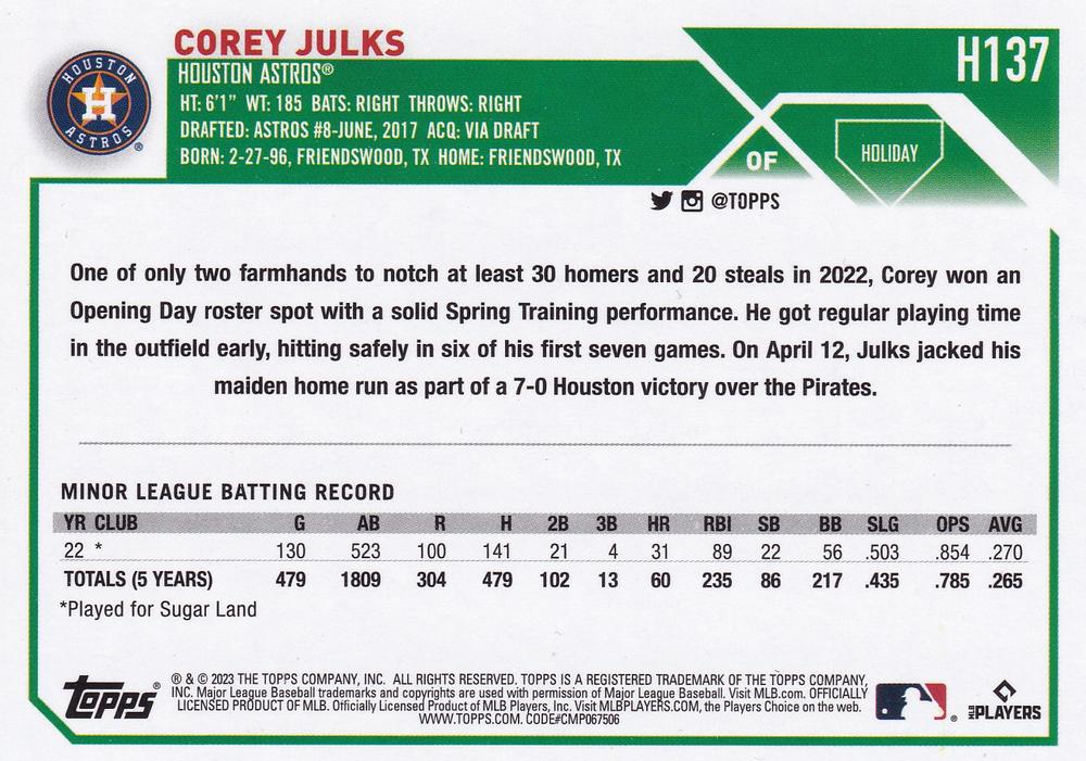 2023 Topps Holiday Corey Julks RC H137 Houston Astros