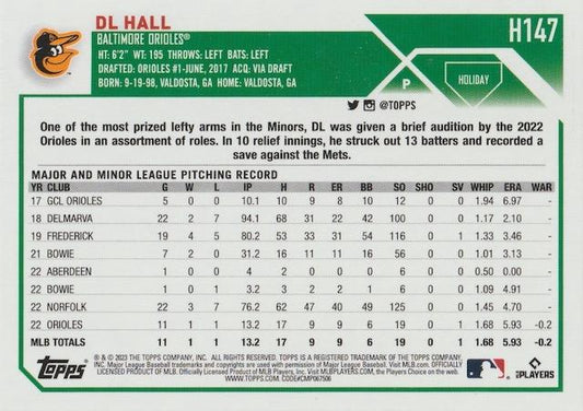 2023 Topps Holiday DL Hall RC H147 Baltimore Orioles