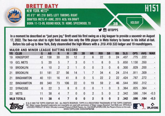 2023 Topps Holiday Brett Baty RC H151 New York Mets