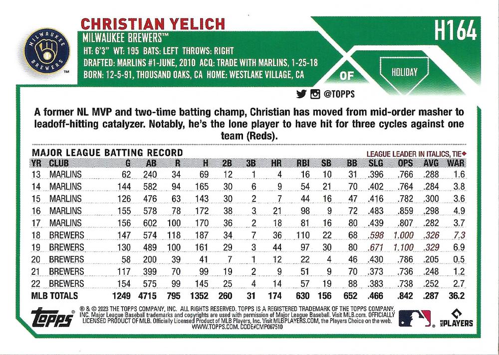 2023 Topps Holiday Christian Yelich  H164 Milwaukee Brewers