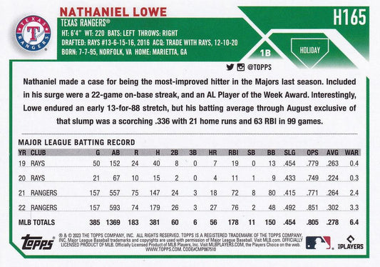 2023 Topps Holiday Nathaniel Lowe  H165 Texas Rangers