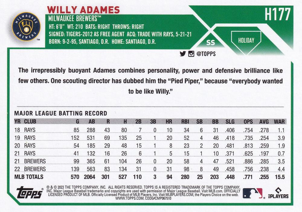 2023 Topps Holiday Willy Adames  H177 Milwaukee Brewers