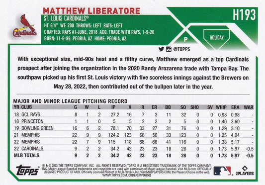 2023 Topps Holiday Matthew Liberatore RC H193 St. Louis Cardinals