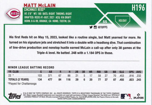 2023 Topps Holiday Matt McLain RC H196 Cincinnati Reds