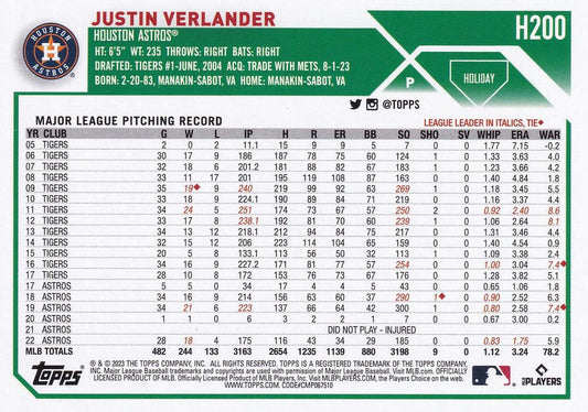 2023 Topps Holiday Justin Verlander H200 Houston Astros