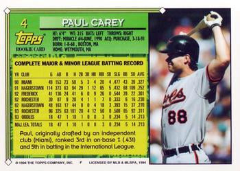 1994 TOPPS Paul Carey FS, RC # 4 Baltimore Orioles