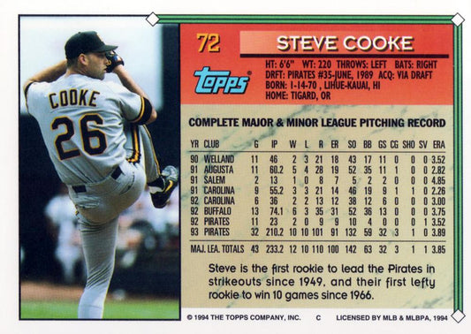 1994 Topps Steve Cooke ASR # 72 Pittsburgh Pirates