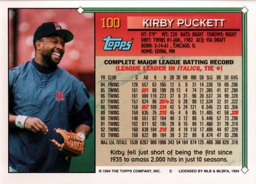 1994 Topps Kirby Puckett # 100 Minnesota Twins